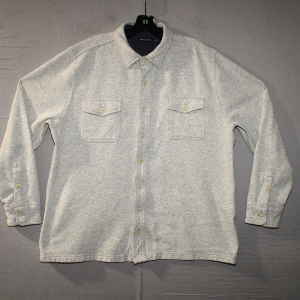 Nautica Jeans Shirt Jacket Fleece Mens Size XL Light Gray Logo Long Sleeve